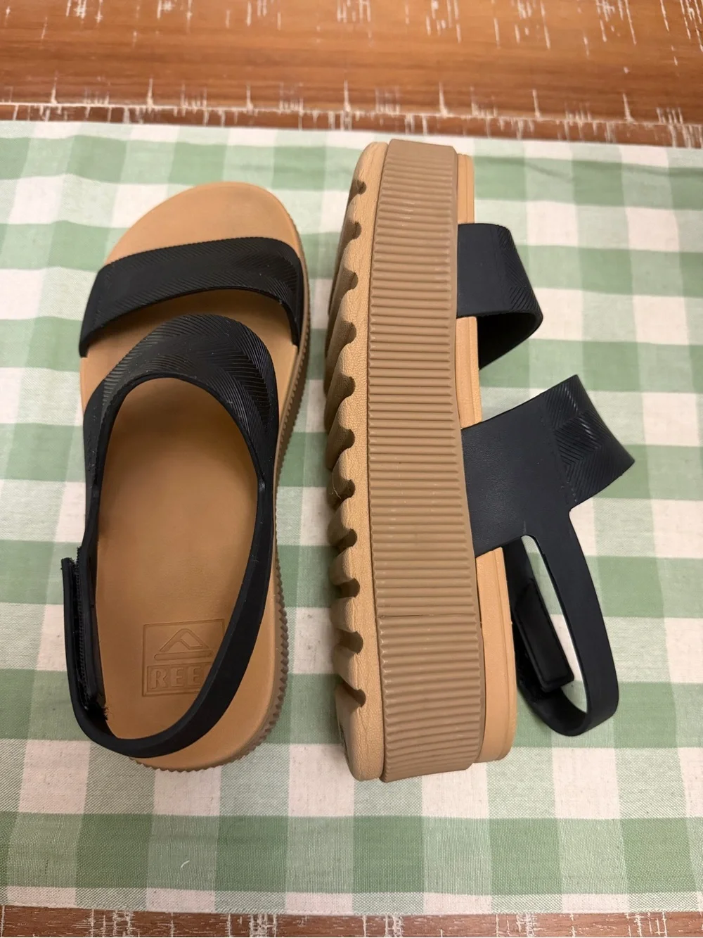 Reef Black Strap Sandals with Tan Footbed